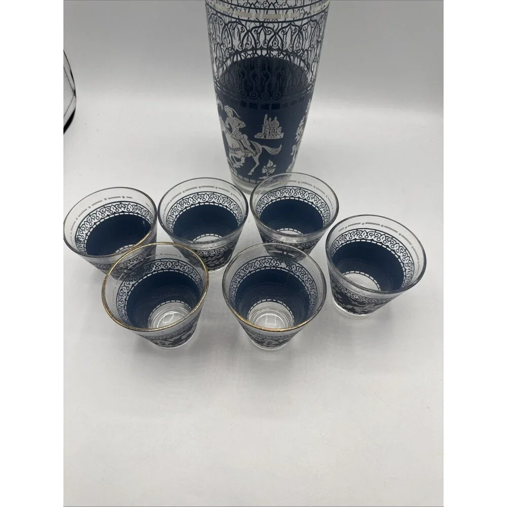 Vintage Hazel Atlas Arabian Knights Cocktail Shaker & 6 Glasses Blue Barware